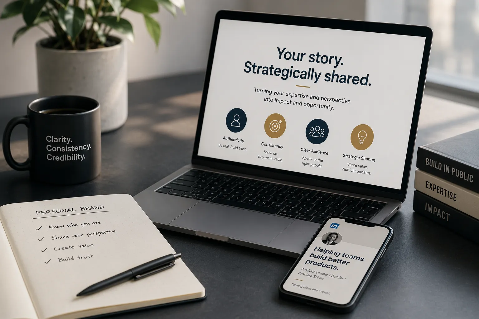A professional desk setup with a laptop displaying personal branding principles, a notebook labeled, Personal Brand, and a smartphone showing a LinkedIn profile, representing how founders and professionals build credibility through self branding on social media.